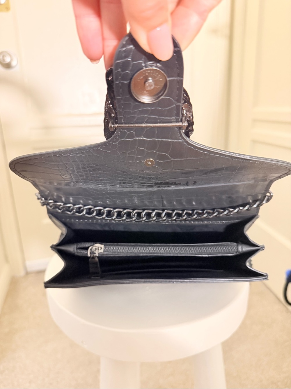 Black Croc-Embossed Leather Shoulder Bag with Silver Horsebit Accent - Picture 7 of 7